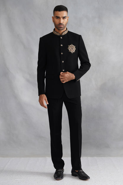 Black Hand Embroidered Bandhgala on Italian Fabric