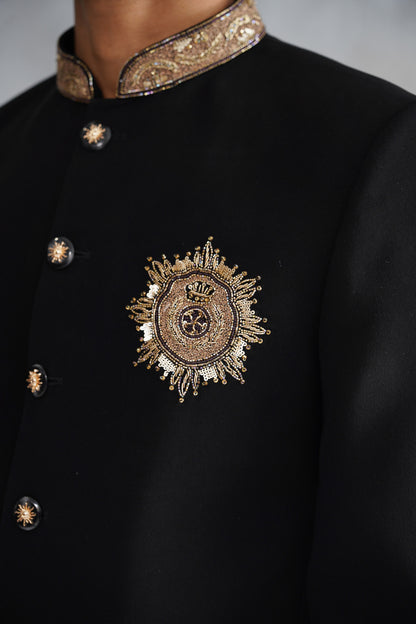 Black Bandhgala With Embroidered Motif on Suiting Fabric