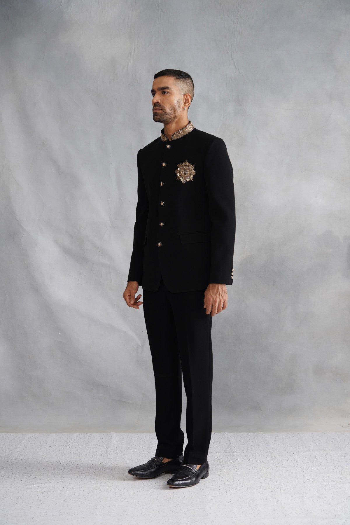 Black Bandhgala With Embroidered Motif on Suiting Fabric