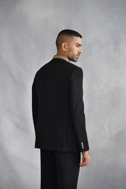 Black Bandhgala With Embroidered Motif on Suiting Fabric