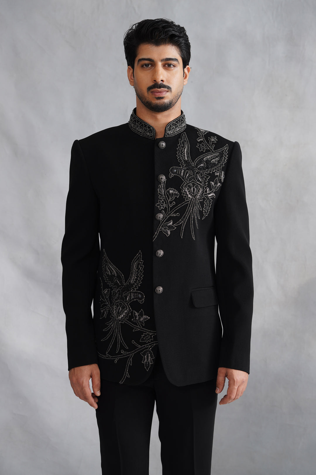 Black Hand Embroidered Bandhgala on Italian Fabric