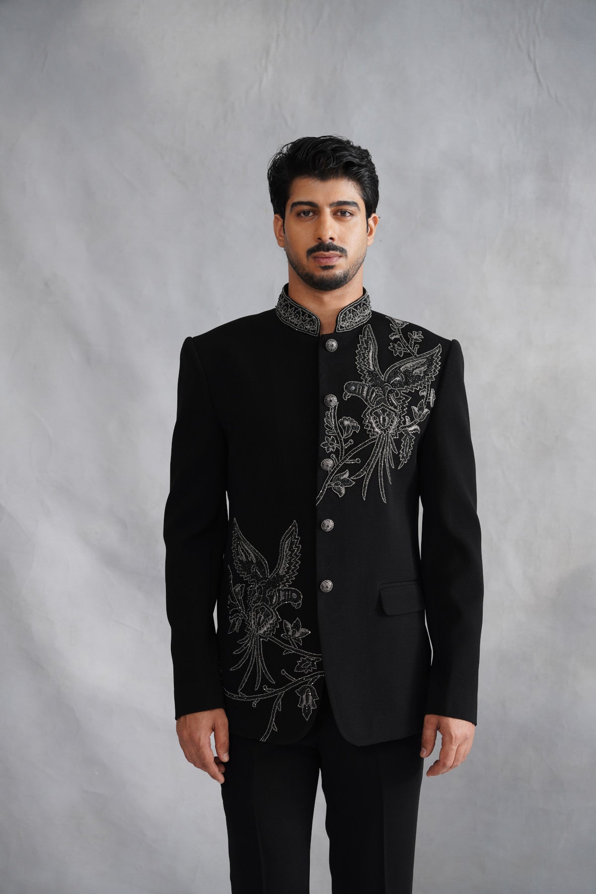 Black Bandhgala with Hand Embroidered Motifs
