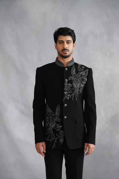 Black Bandhgala with Hand Embroidered Motifs