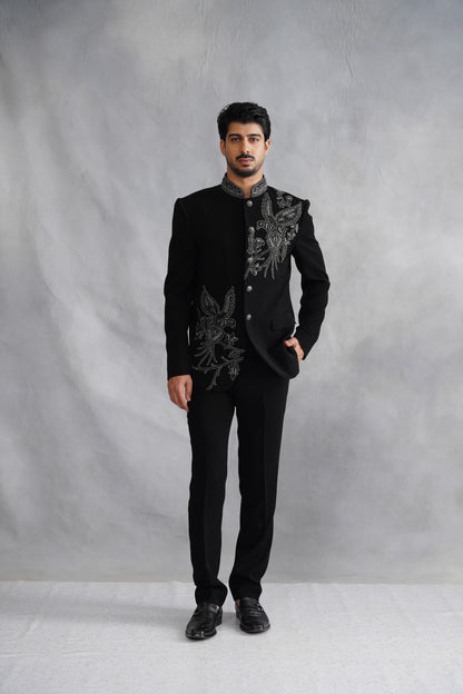 Black Bandhgala with Hand Embroidered Motifs