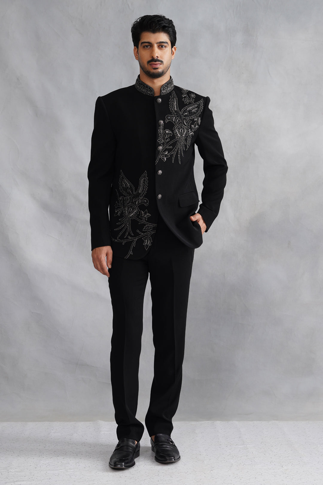 Black Hand Embroidered Bandhgala on Italian Fabric