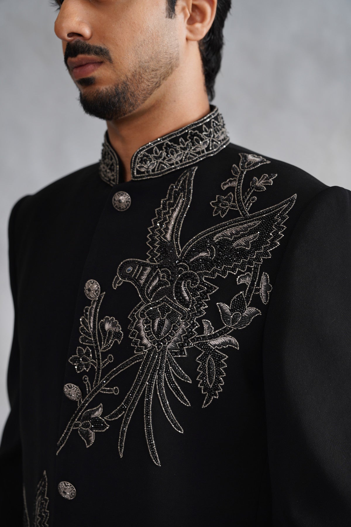 Black Bandhgala with Hand Embroidered Motifs