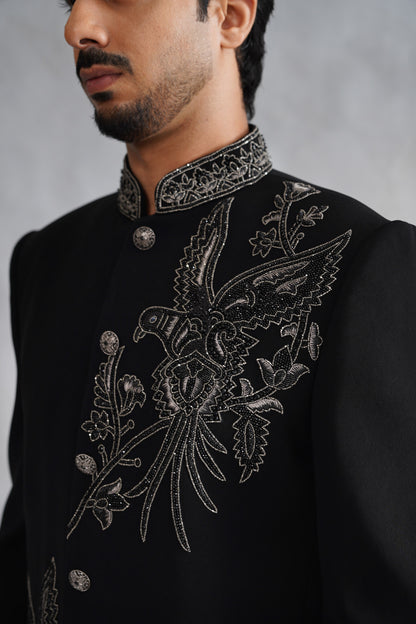 Black Bandhgala with Hand Embroidered Motifs