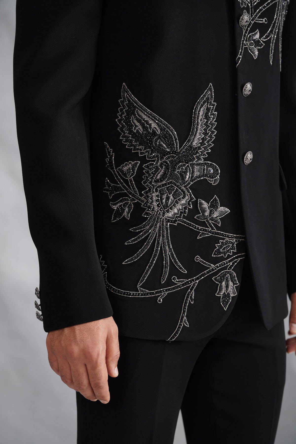 Black Bandhgala with Hand Embroidered Motifs