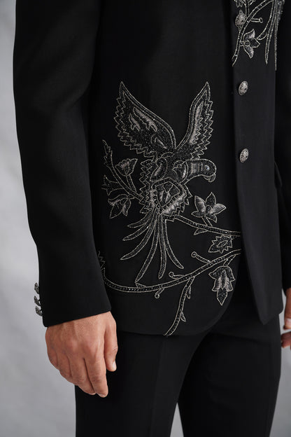 Black Bandhgala with Hand Embroidered Motifs