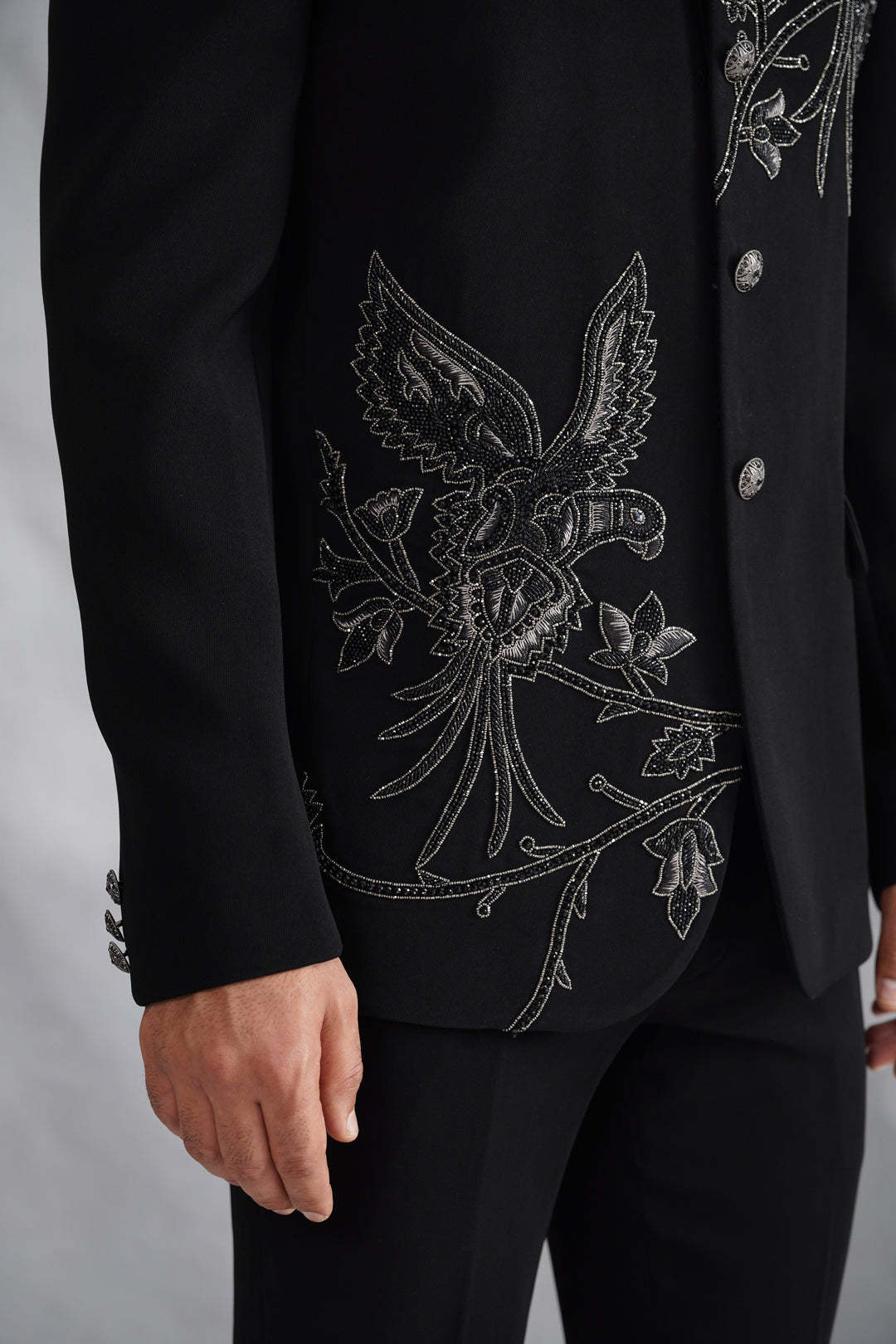 Black Hand Embroidered Bandhgala on Italian Fabric