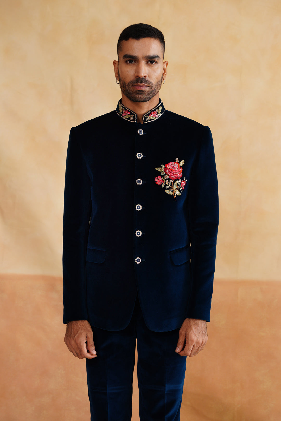 Navy Thread And Swarovski Bandhgala on Velvet