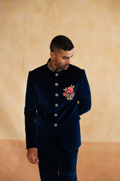Navy Thread And Swarovski Bandhgala on Velvet