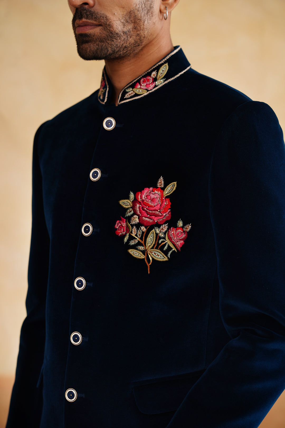 Navy Thread And Swarovski Bandhgala on Velvet