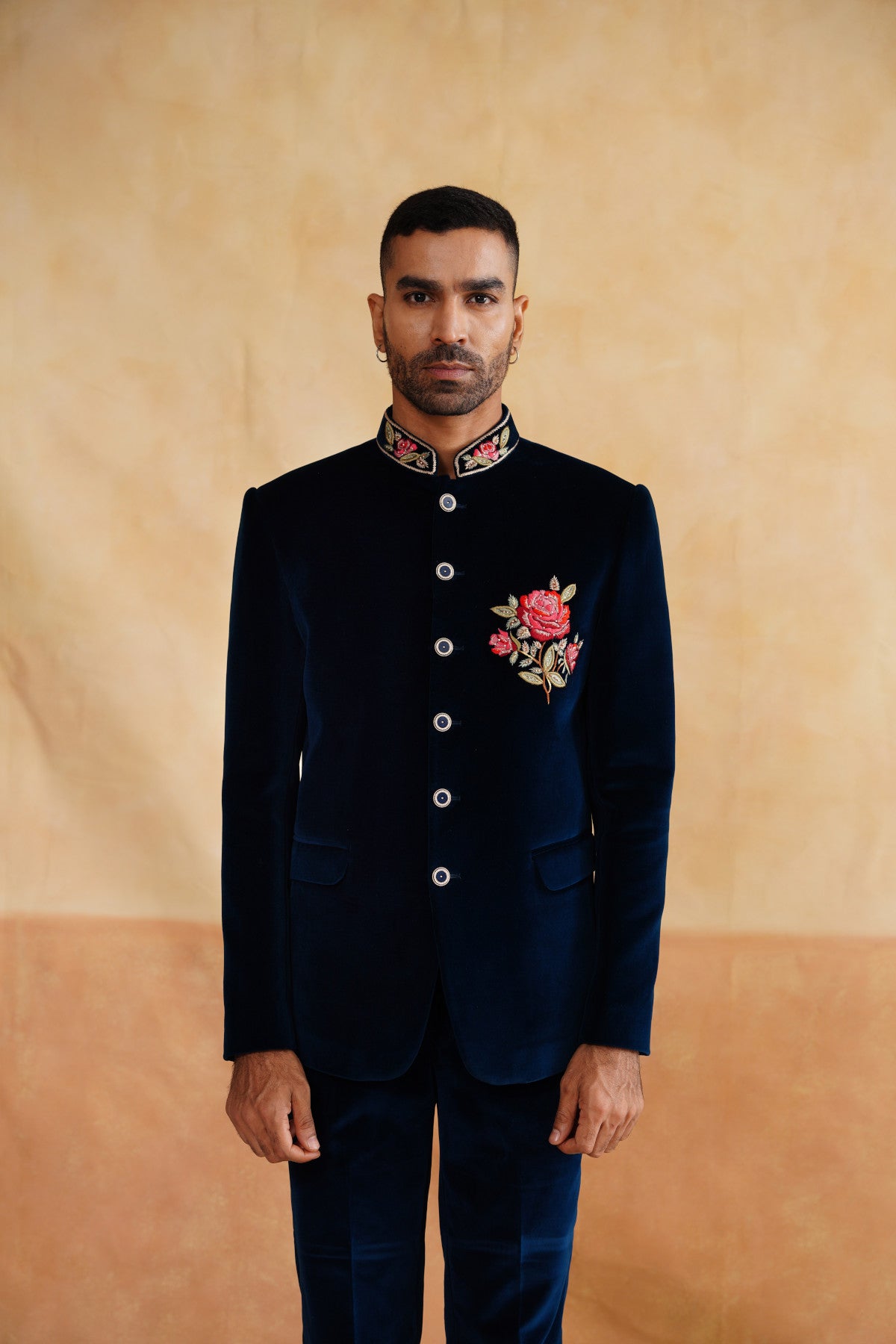 Navy Thread And Swarovski Bandhgala on Velvet