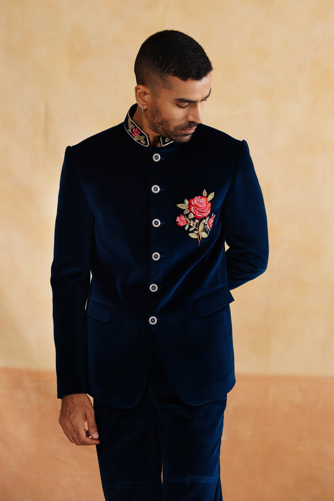 Navy Thread And Swarovski Bandhgala on Velvet