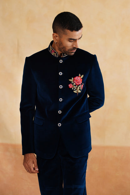 Navy Thread And Swarovski Bandhgala on Velvet