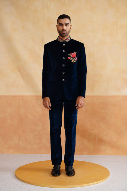 Navy Thread And Swarovski Bandhgala on Velvet