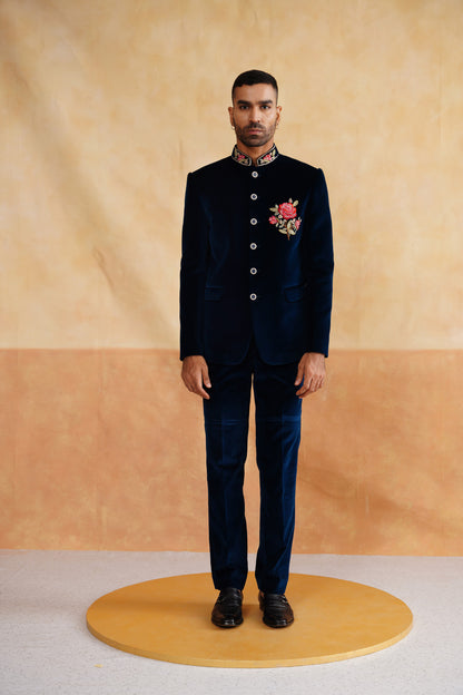 Navy Thread And Swarovski Bandhgala on Velvet