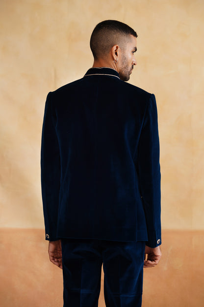 Navy Thread And Swarovski Bandhgala on Velvet