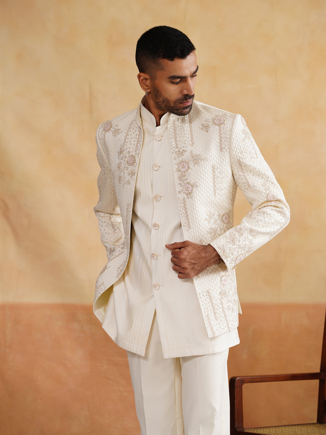 Off White Indowestern with Cutdana and Sequins Hand Work on Silk