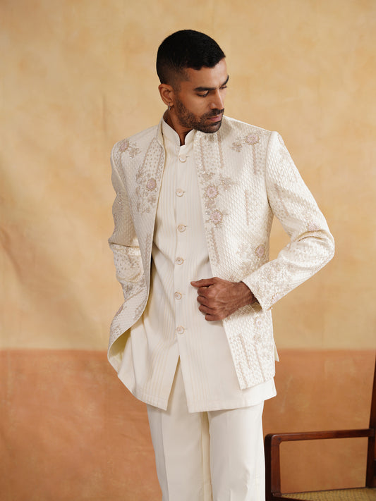 Off White Indowestern with Cutdana and Sequins Hand Work on Silk