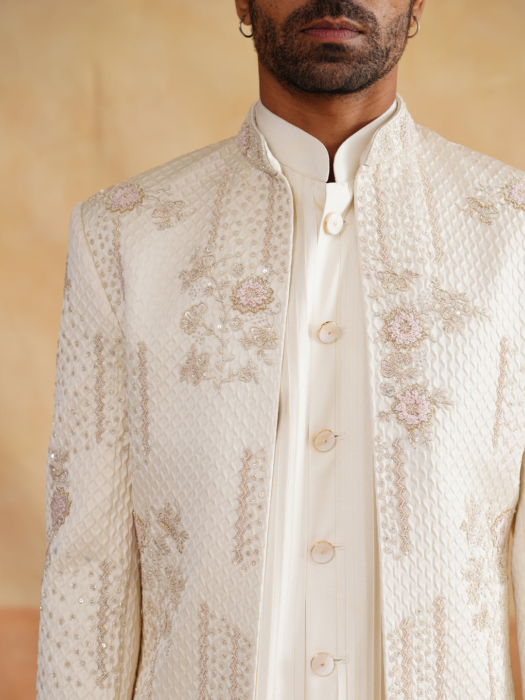 Off White Indowestern with Cutdana and Sequins Hand Work on Silk