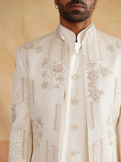 Off White Indowestern with Cutdana and Sequins Hand Work on Silk