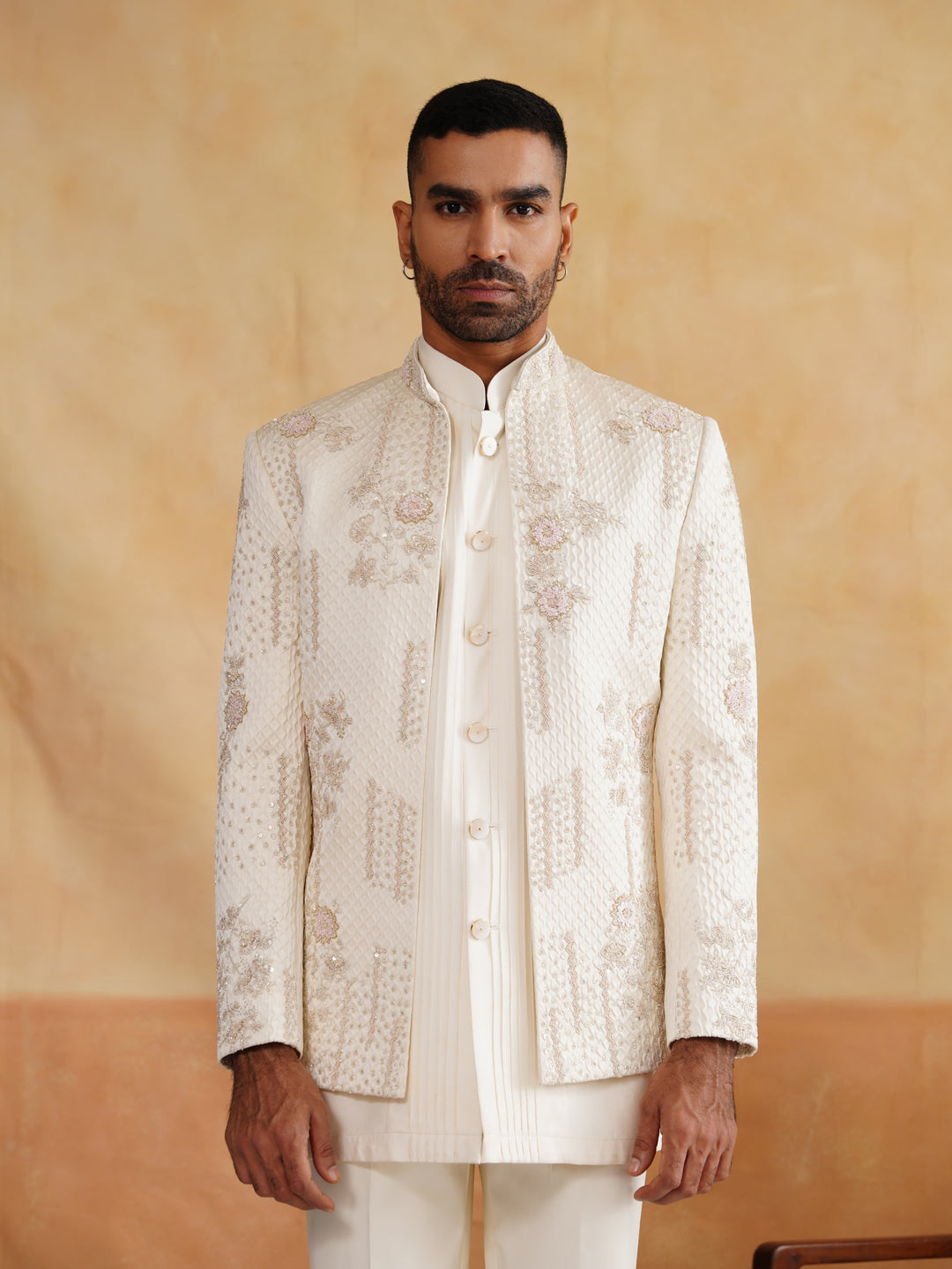 Off White Indowestern with Cutdana and Sequins Hand Work on Silk