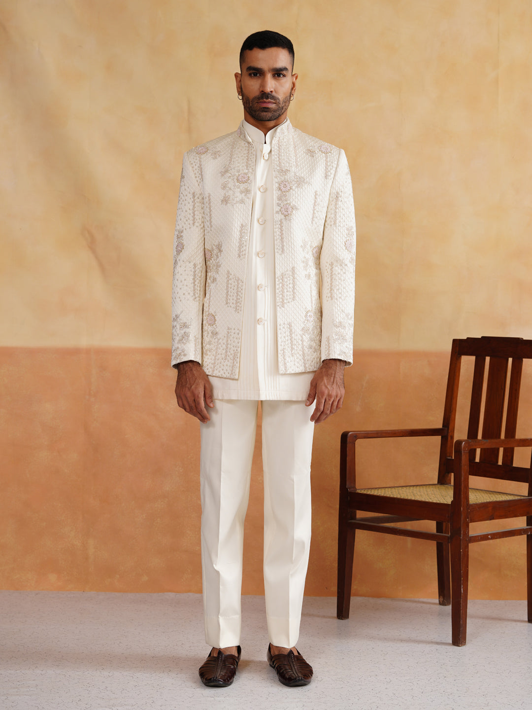 Off White Indowestern with Cutdana and Sequins Hand Work on Silk