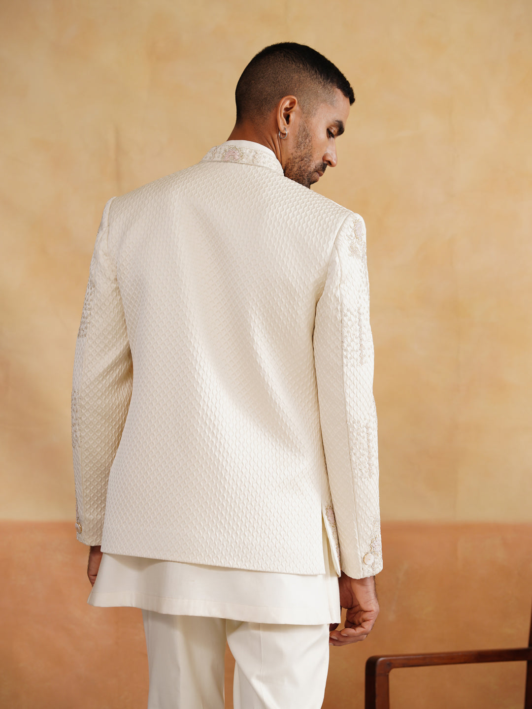 Off White Indowestern with Cutdana and Sequins Hand Work on Silk