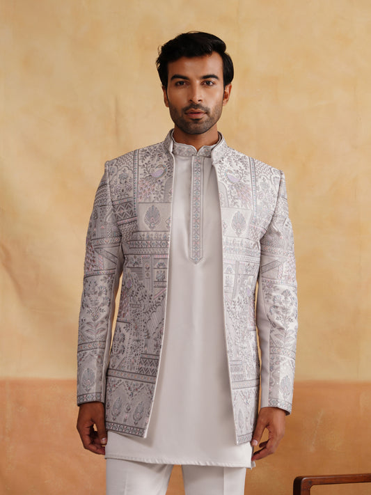 Light Grey Thread Embroidered Indowestern On Silk