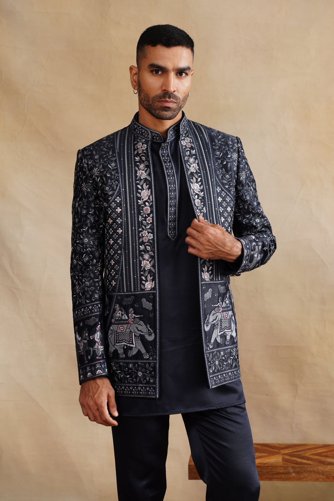 Blue Thread Embroidered Indowestern On Silk