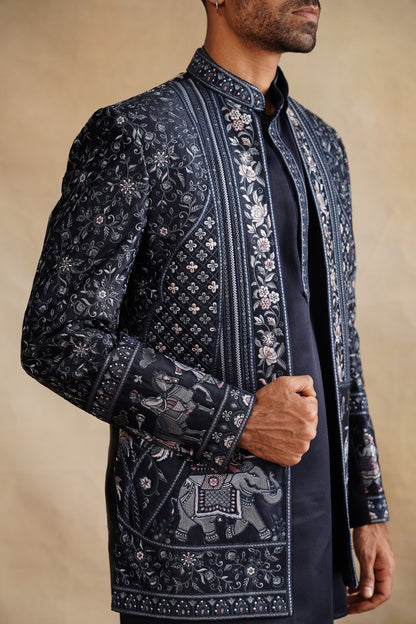 Blue Thread Embroidered Indowestern On Silk