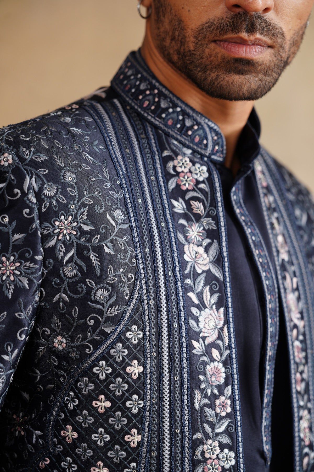 Shop Navy Blue Thread Work Indo Western Men