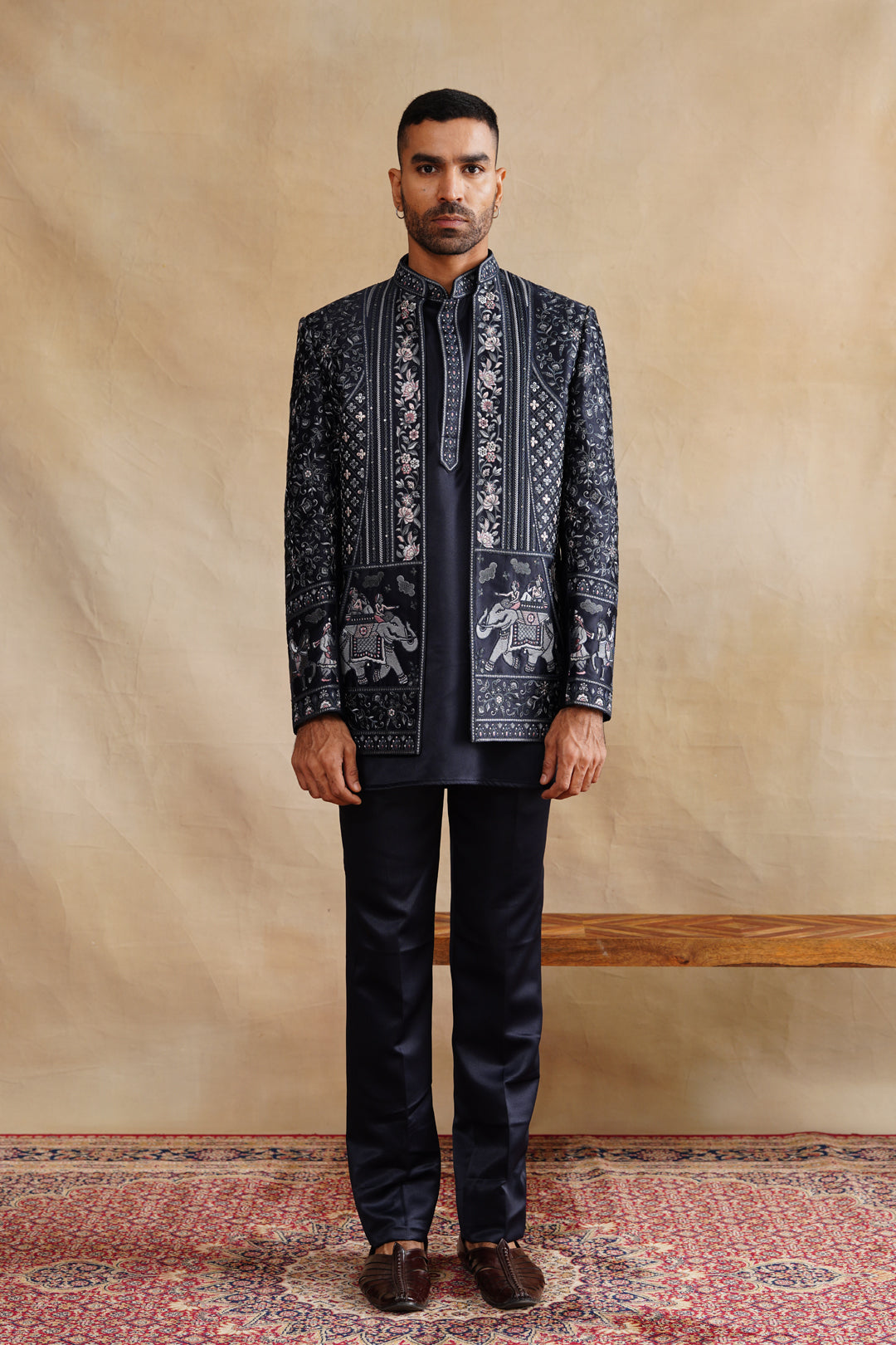 Blue Thread Embroidered Indowestern On Silk