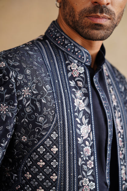 Blue Thread Embroidered Indowestern On Silk