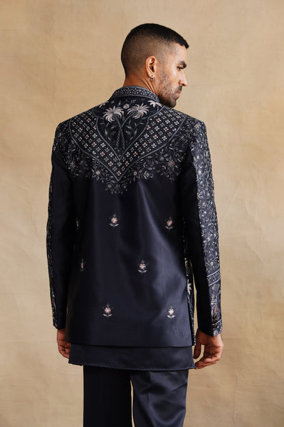 Blue Thread Embroidered Indowestern On Silk