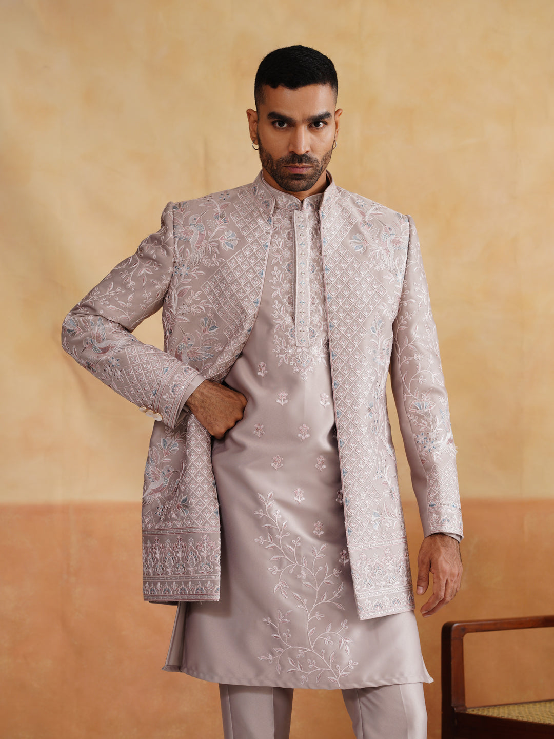 Powder Pink Thread Embroidered Indowestern On Silk