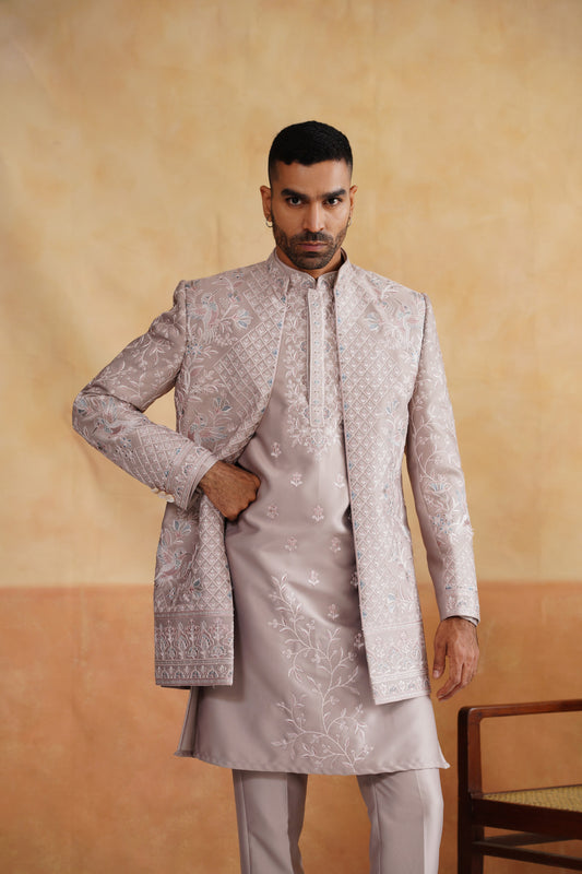 Powder Pink Thread Embroidered Indowestern On Silk