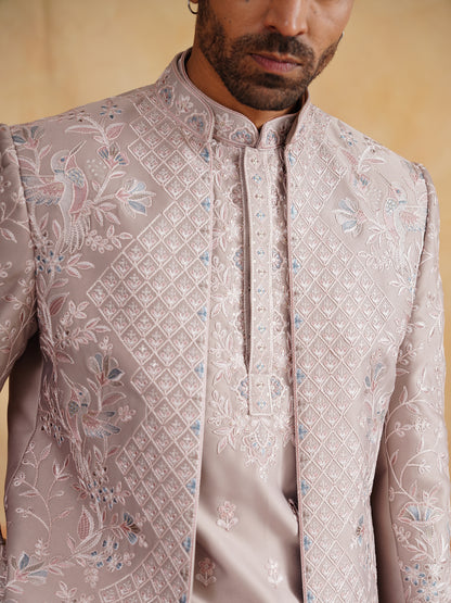 Powder Pink Thread Embroidered Indowestern On Silk