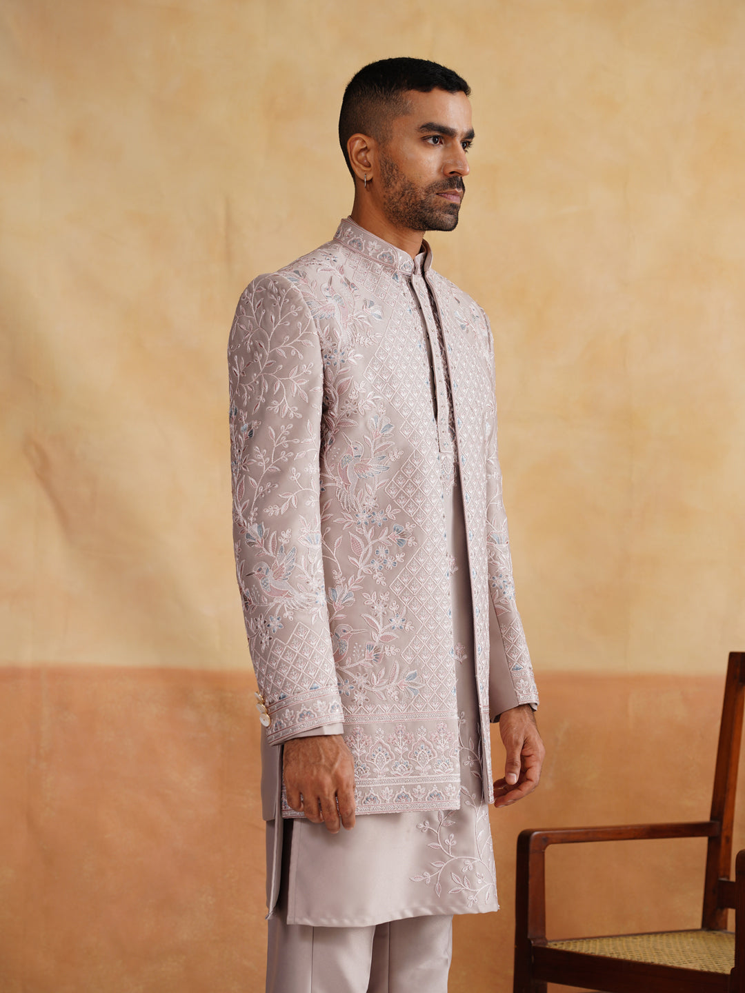 Powder Pink Thread Embroidered Indowestern On Silk