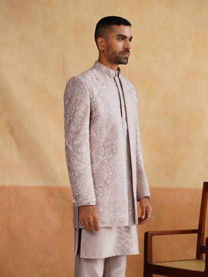 Powder Pink Thread Embroidered Indowestern On Silk