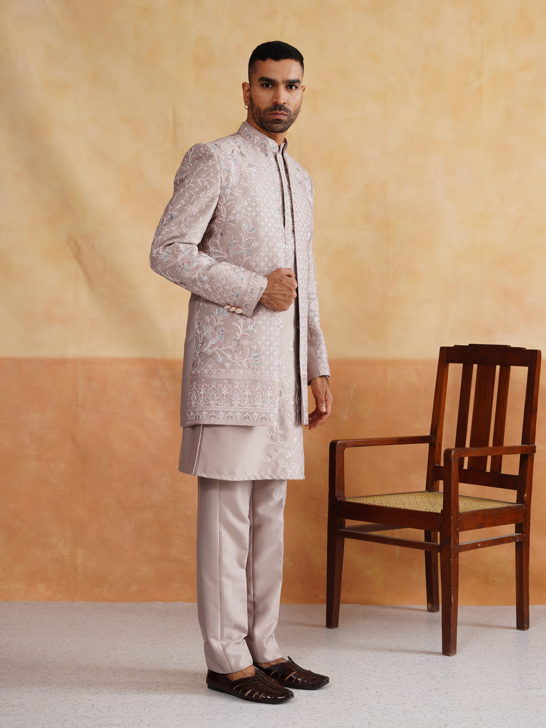 Powder Pink Thread Embroidered Indowestern On Silk