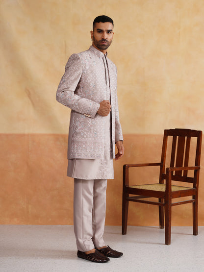 Powder Pink Thread Embroidered Indowestern On Silk