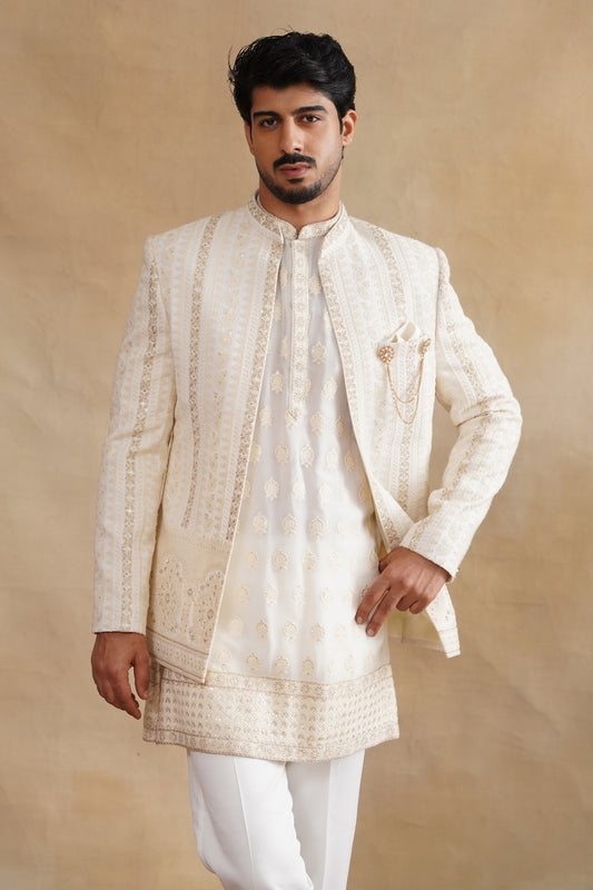 White Thread Embroidered Indowestern on Georgette