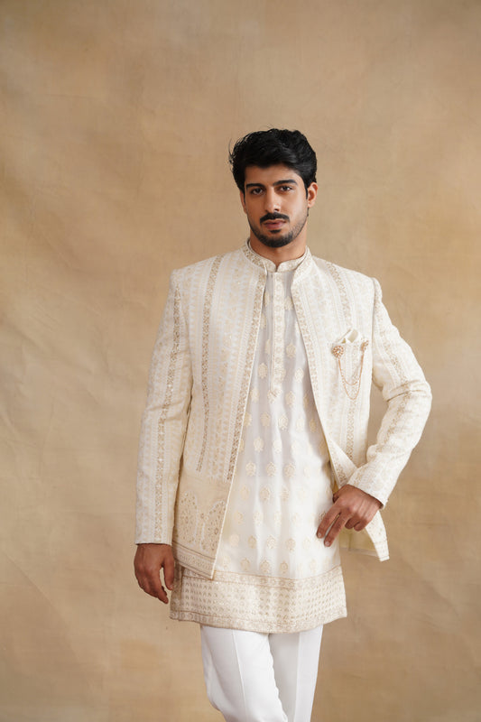 White Thread Embroidered Indowestern on Georgette