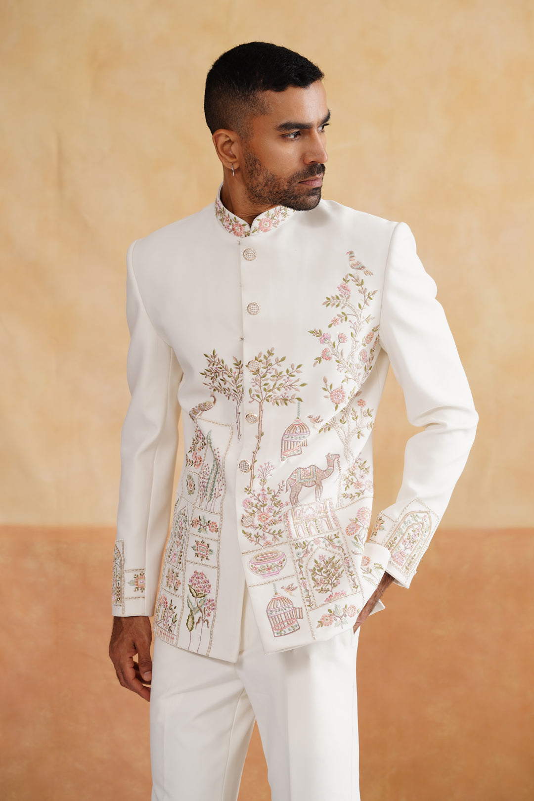 Ivory Thread And Pearl Work Bandhgala on Italian Fabric