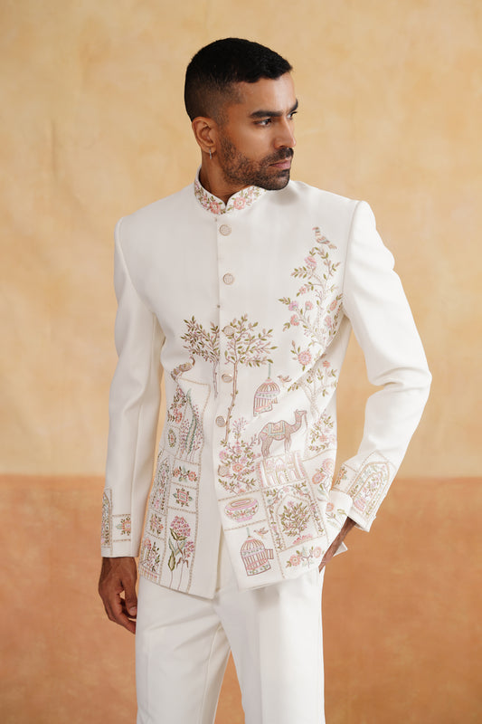 Ivory Thread And Pearl Work Bandhgala on Italian Fabric