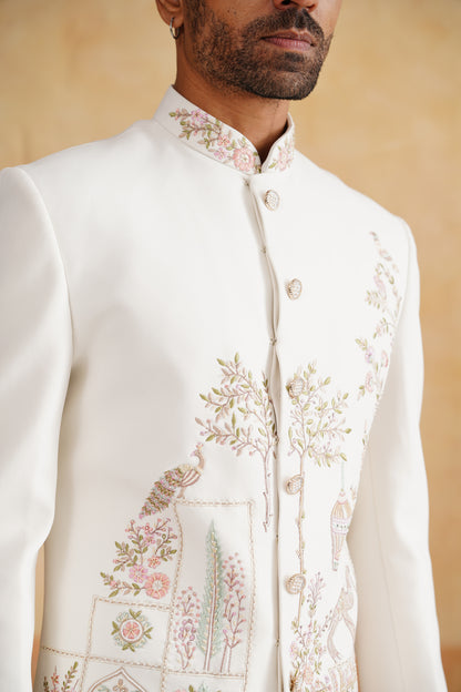 Ivory Thread And Pearl Work Bandhgala on Italian Fabric