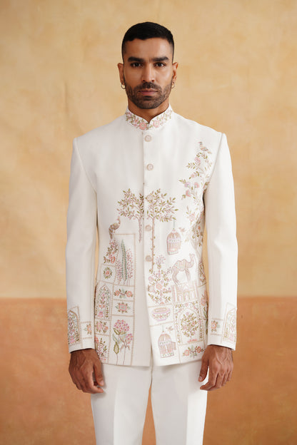 Ivory Thread And Pearl Work Bandhgala on Italian Fabric